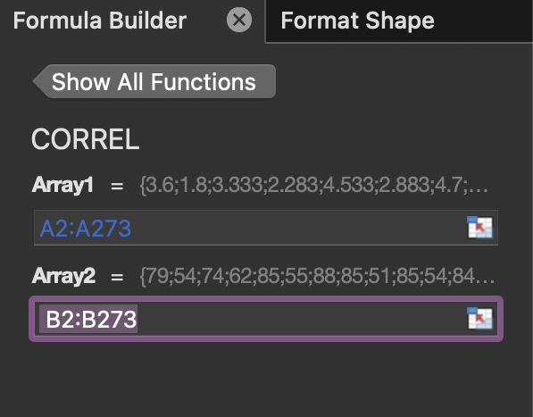 A screenshot of dialog box of the Correl function on MAC.