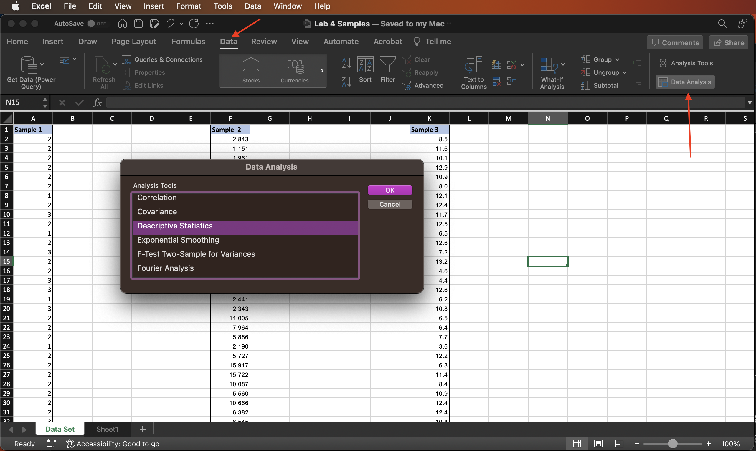 A screenshot of the Data Analysis dialog window.