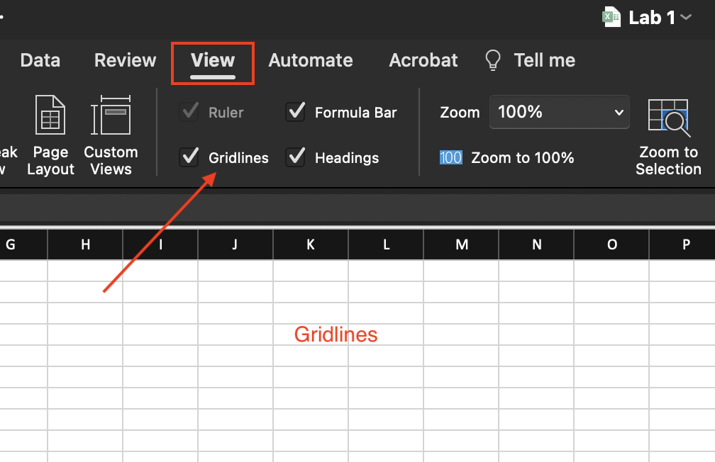 A screenshot showing the View tab with the Gridlines option.