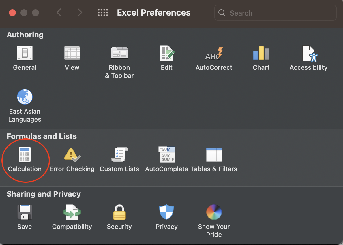 A screenshot of Formulas and Lists in Excel Preferences on a MAC.