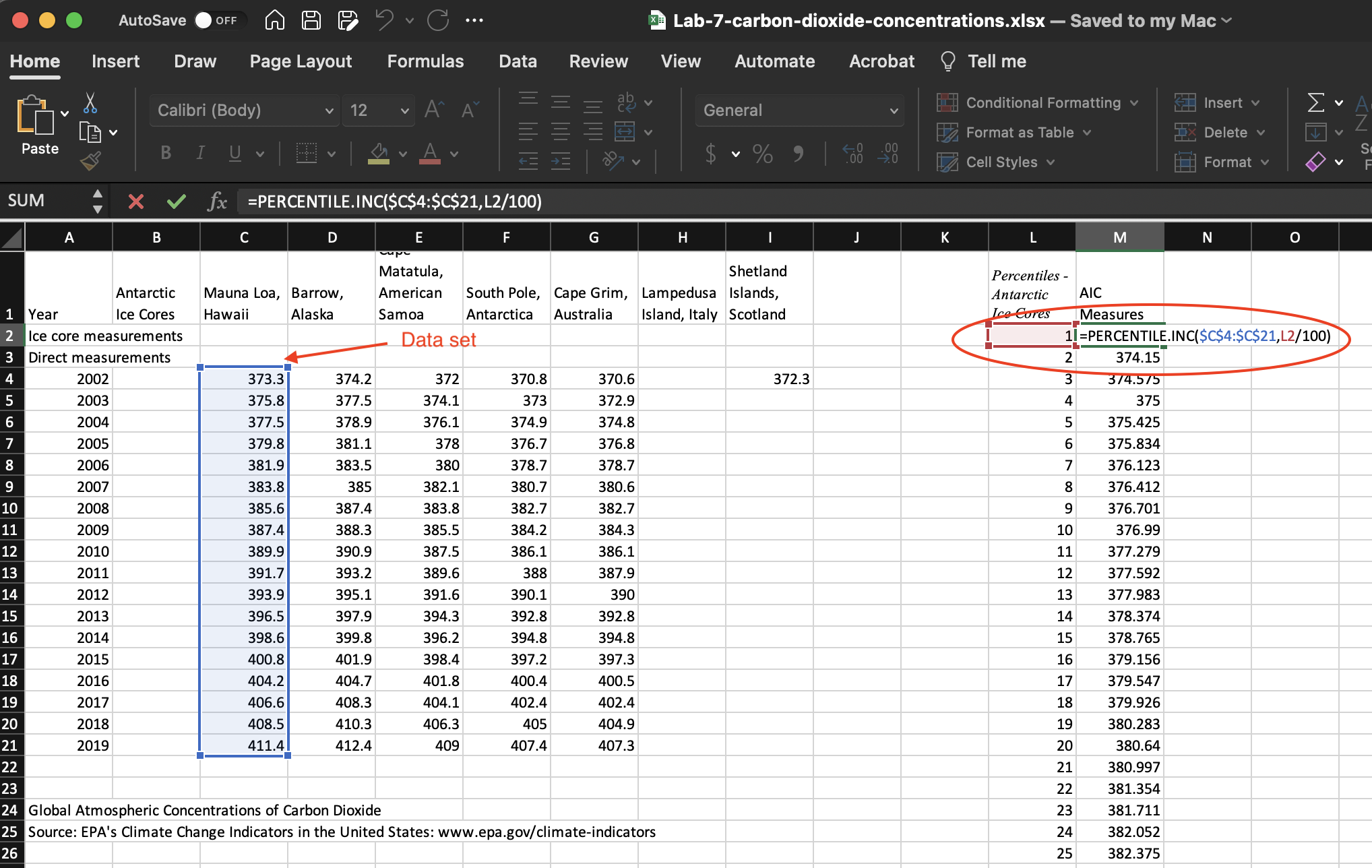 A screenshot of a spreadsheet with the percentiles calculations for Hawaii measures.