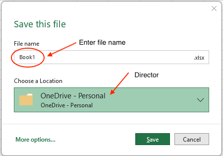 A dialog box on a PC showing where to enter file name, select the directory and file type.