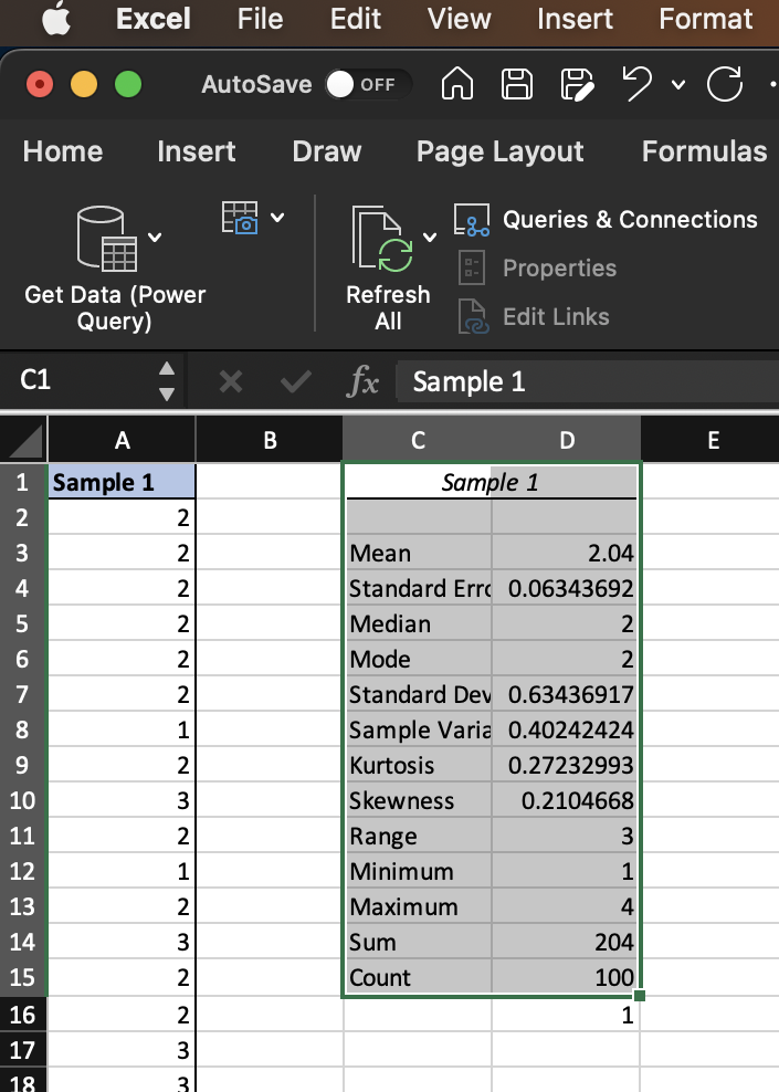 A screenshot of the The resulting summary statistics for Sample 1.